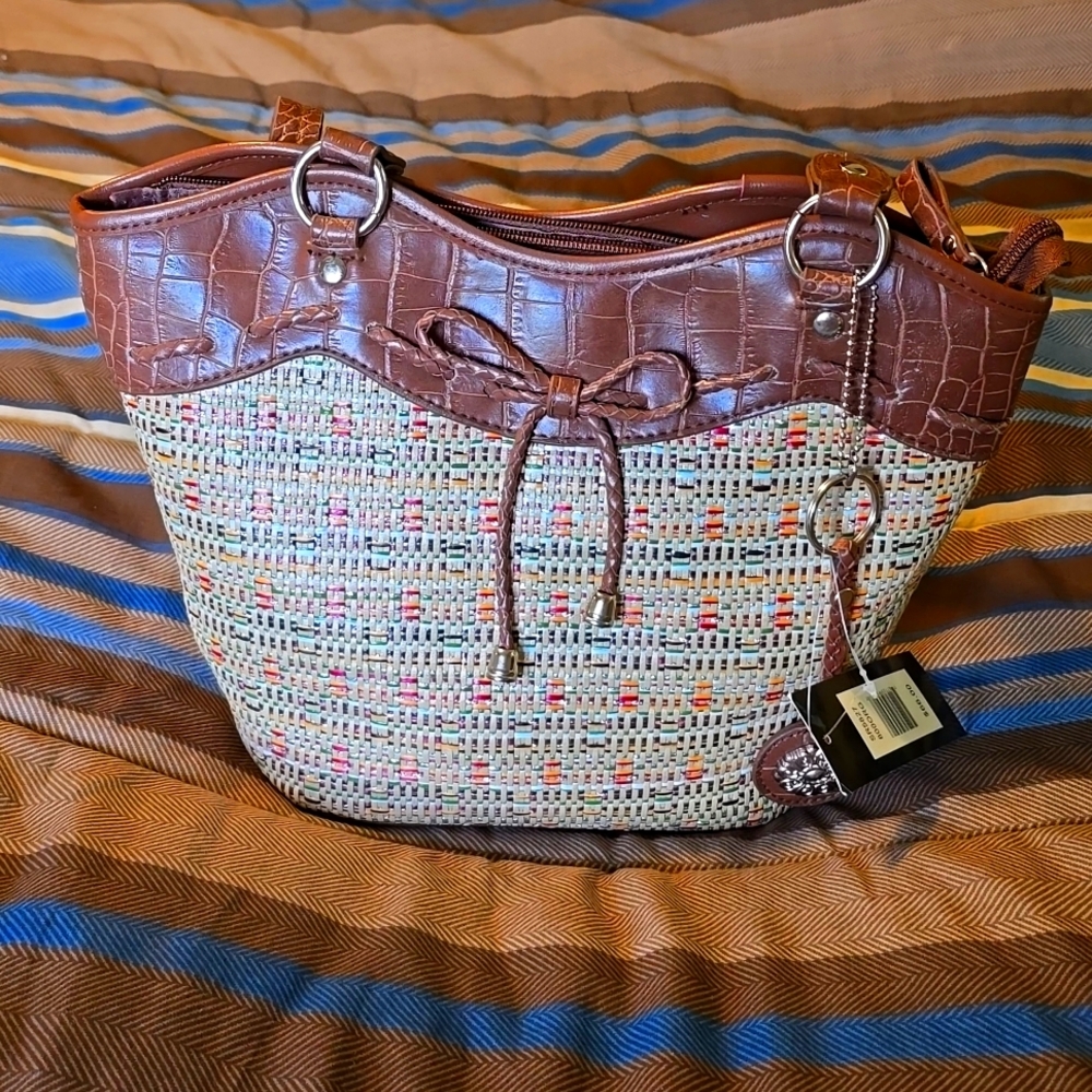 Bueno Brown Woven Tote with Croc Trim